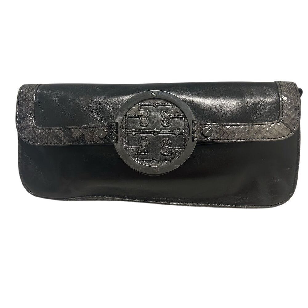 Tory Burch Women's Black Leather Clutch‎ with Snakeskin Trim